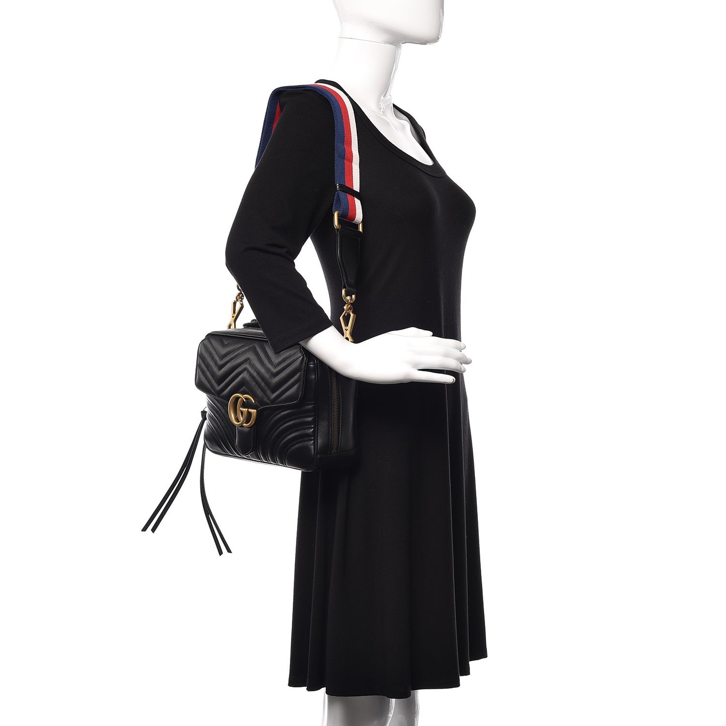 Calfskin Matelasse Sylvie Web Small GG Marmont Top Handle Shoulder Bag Black