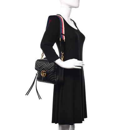 Gucci Calfskin Matelasse Sylvie Web Small GG Marmont Top Handle Shoulder Bag Black 2 of 9