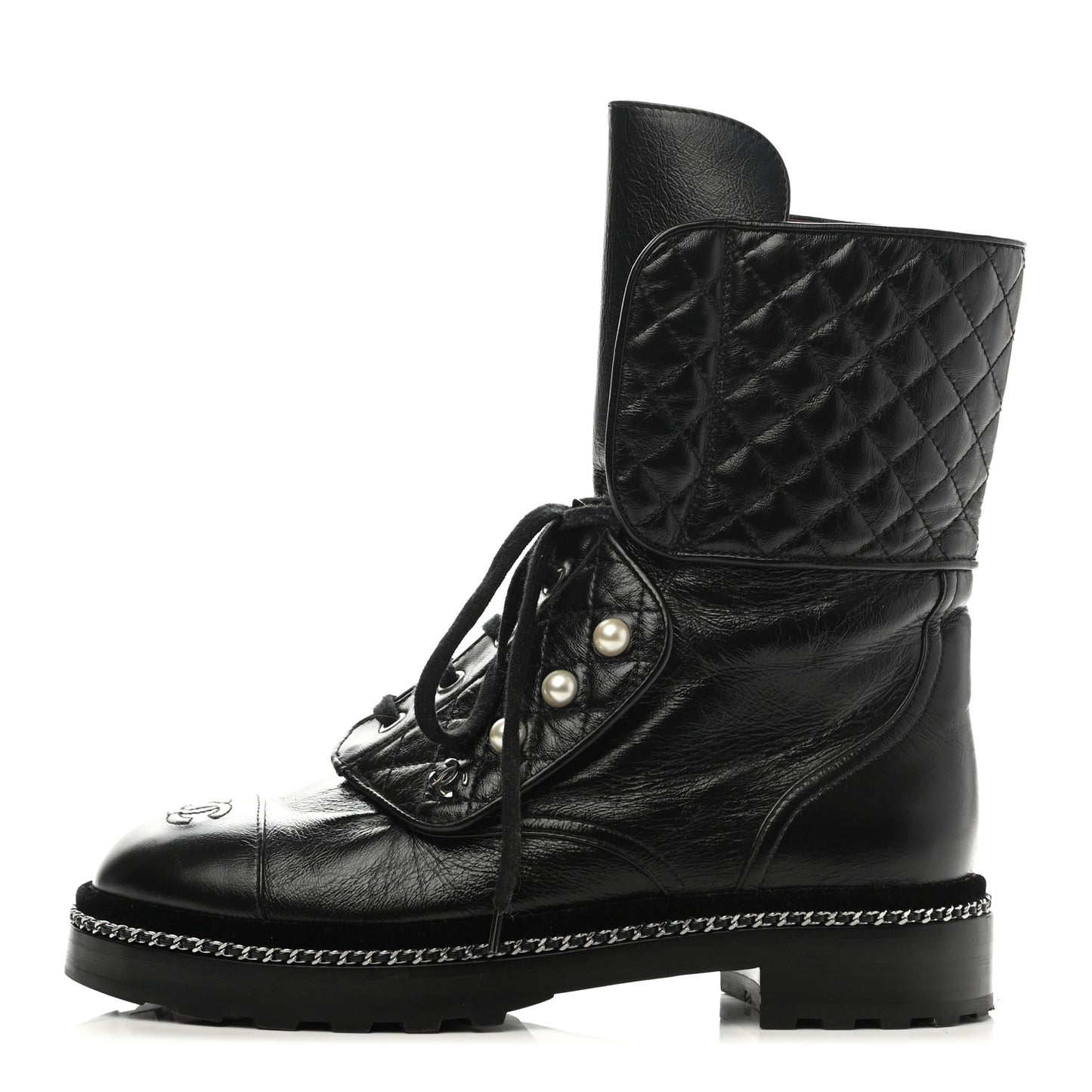 Crackled Calfskin Velvet Pearl Combat Boots 40 Black