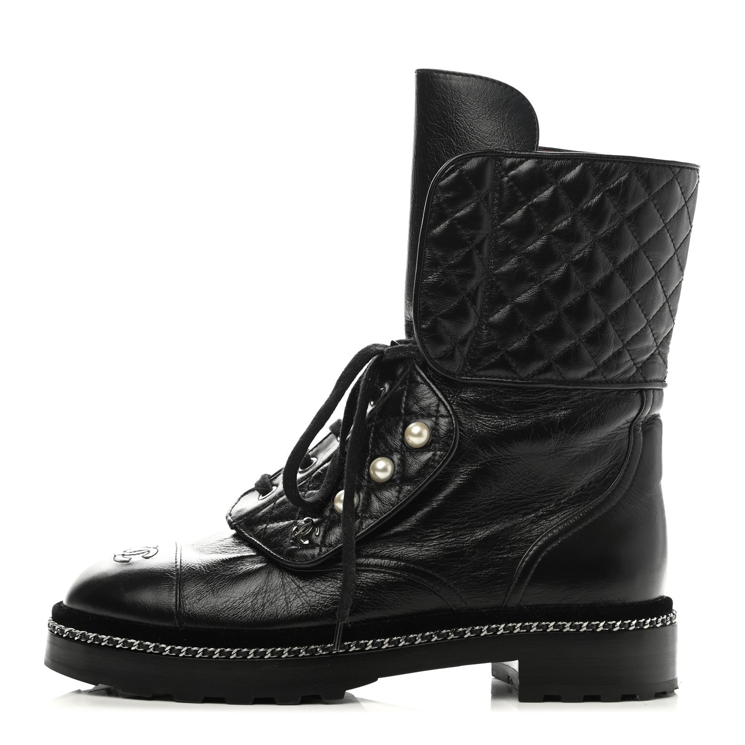 Chanel Crackled Calfskin Velvet Pearl Combat Boots 40 Black 1 of 7