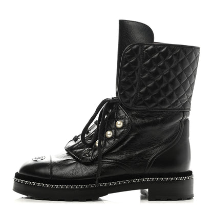 Chanel Crackled Calfskin Velvet Pearl Combat Boots 40 Black 1 of 7