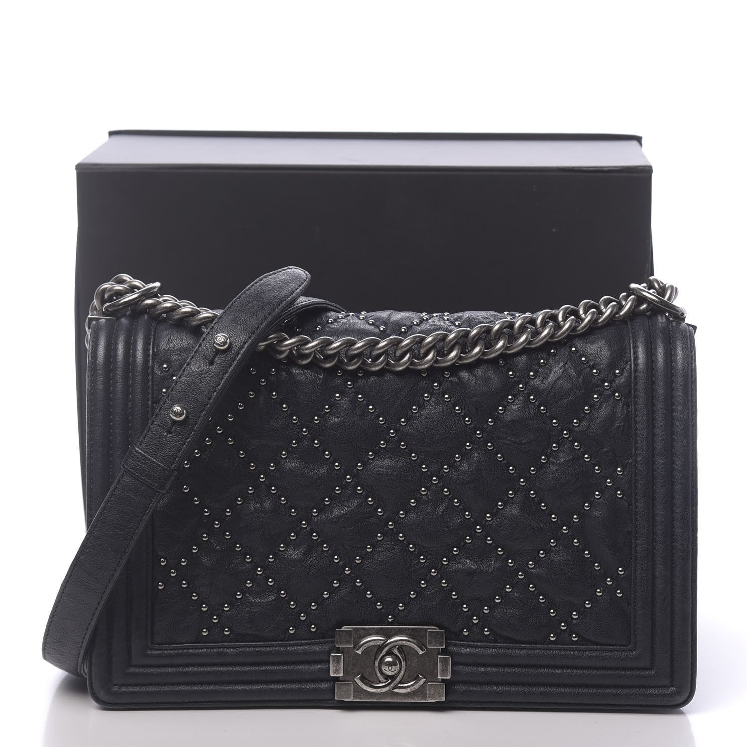 Chanel Crumpled Lambskin New Medium Studded Boy Flap Navy 17 of 17
