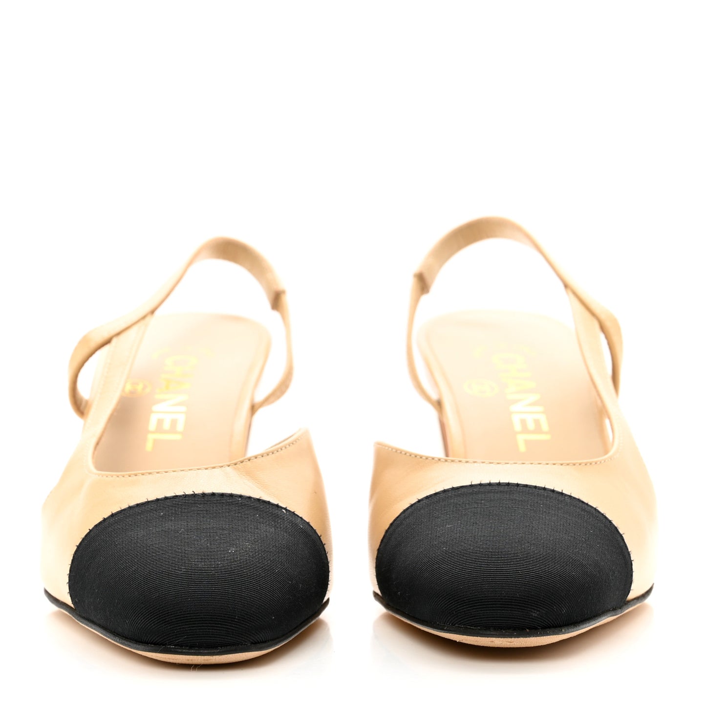 Lambskin Grosgrain Cap Toe CC Slingback Pumps 36 Beige Black