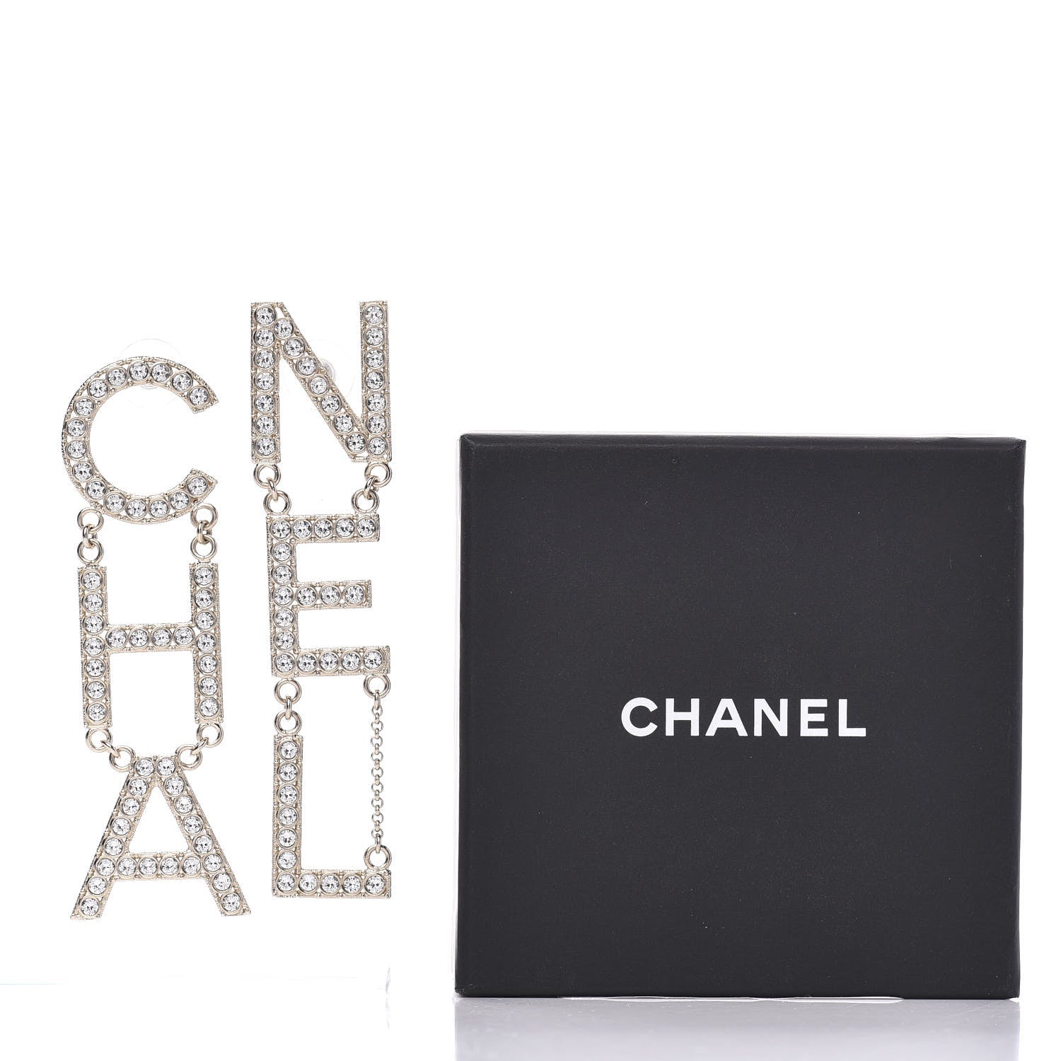 Chanel Crystal Cha-Nel Logo Drop Earrings Gold 5 of 5