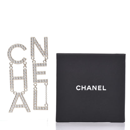 Chanel Crystal Cha-Nel Logo Drop Earrings Gold 5 of 5