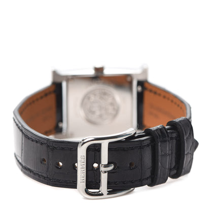 Hermes Stainless Steel Alligator Diamond Bezel Mother of Pearl 21mm Heure H Hour Quartz Watch Noir 3 of 5