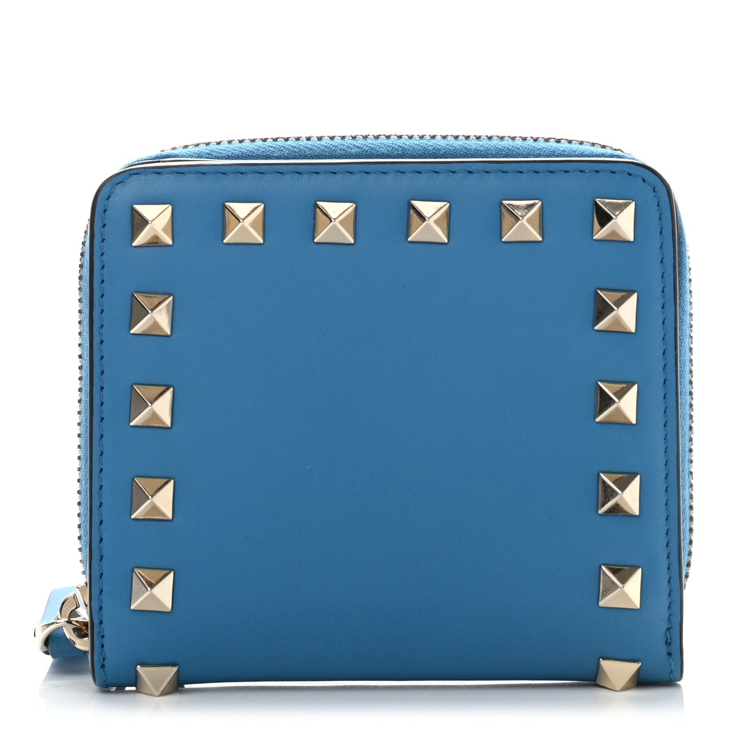 Calfskin Rockstud Compact Zip Around Wallet Light Blue