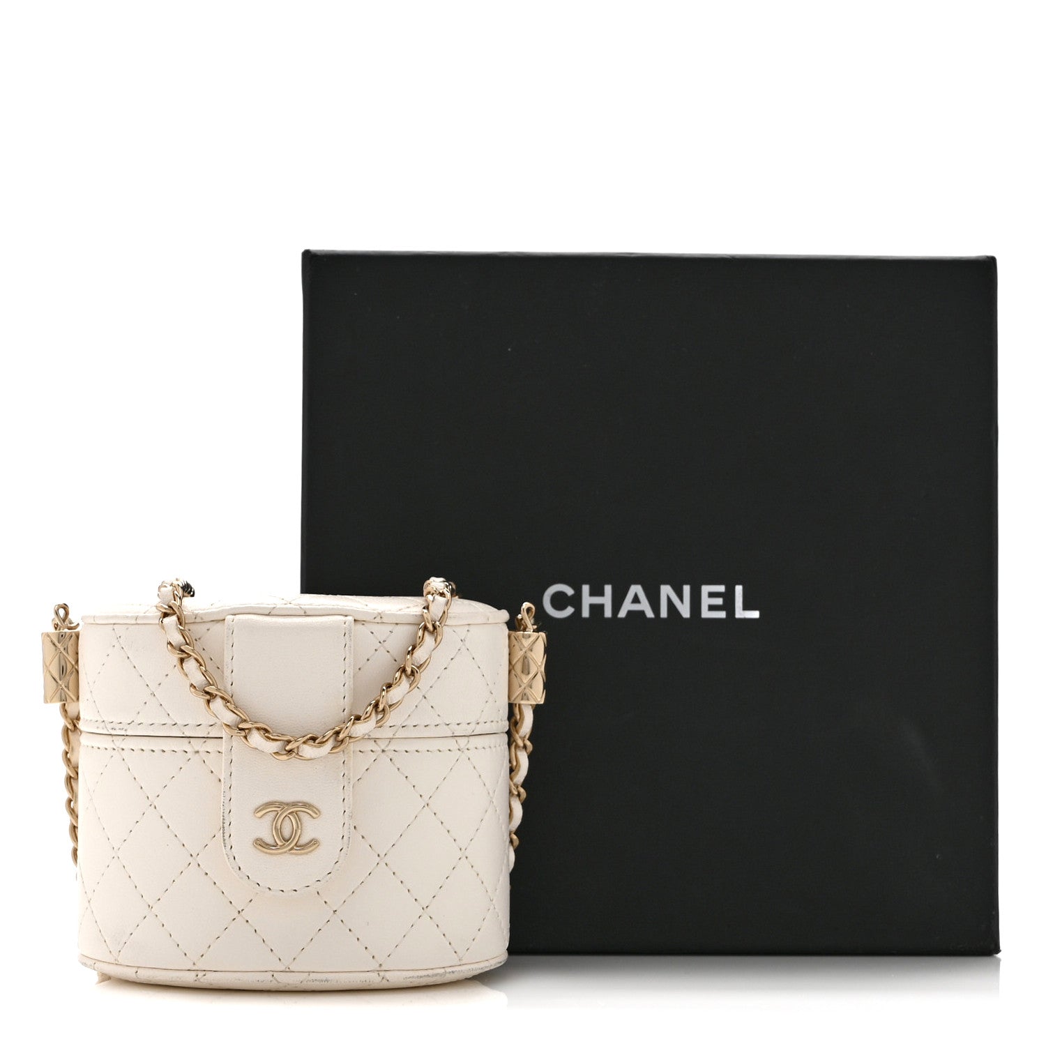 Chanel Lambskin Quilted Round Mini Vanity Case With Chain Case With Chain White 13 of 13
