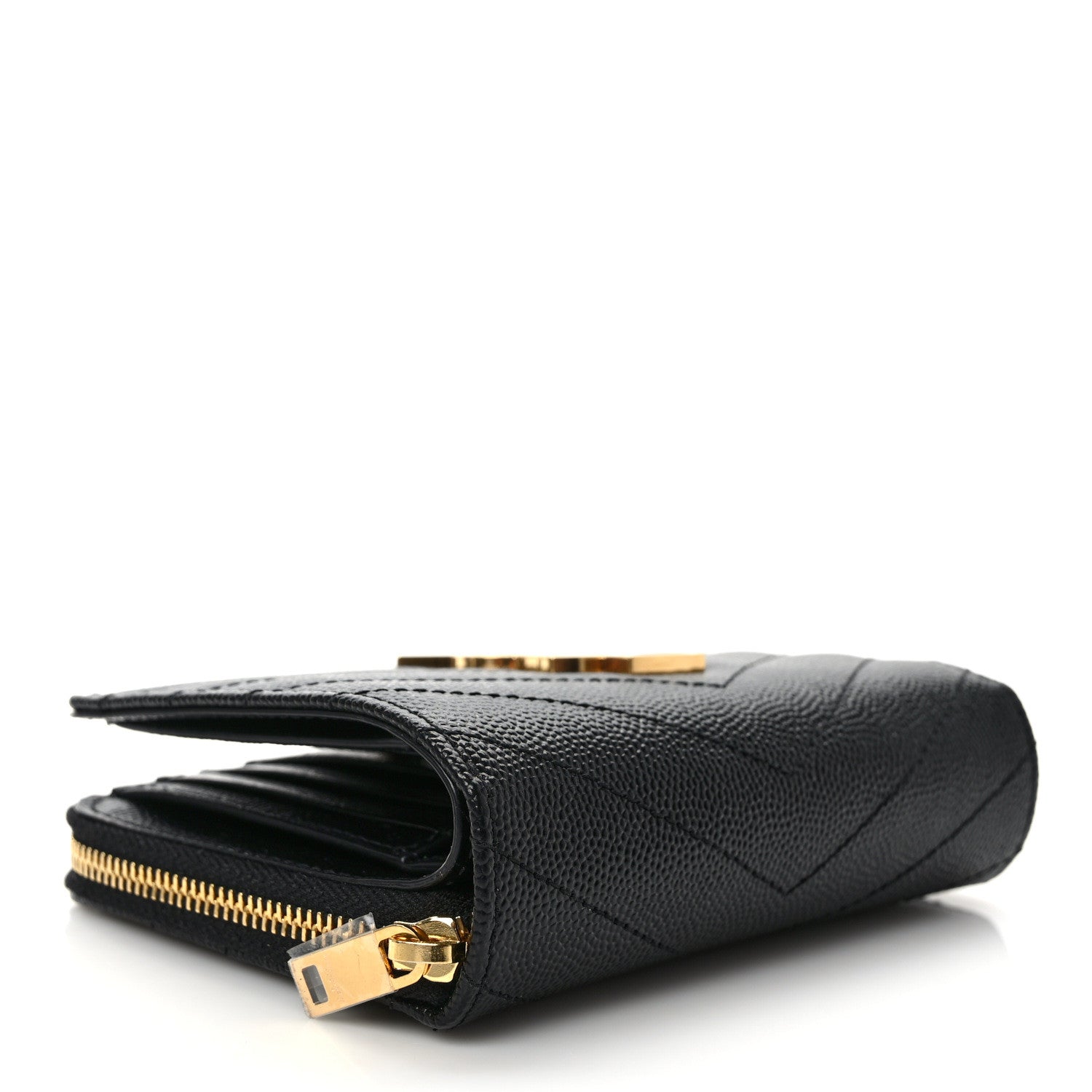 Saint Laurent Grain De Poudre Matelasse Chevron Monogram Compact Zip Around Wallet Black 4 of 7