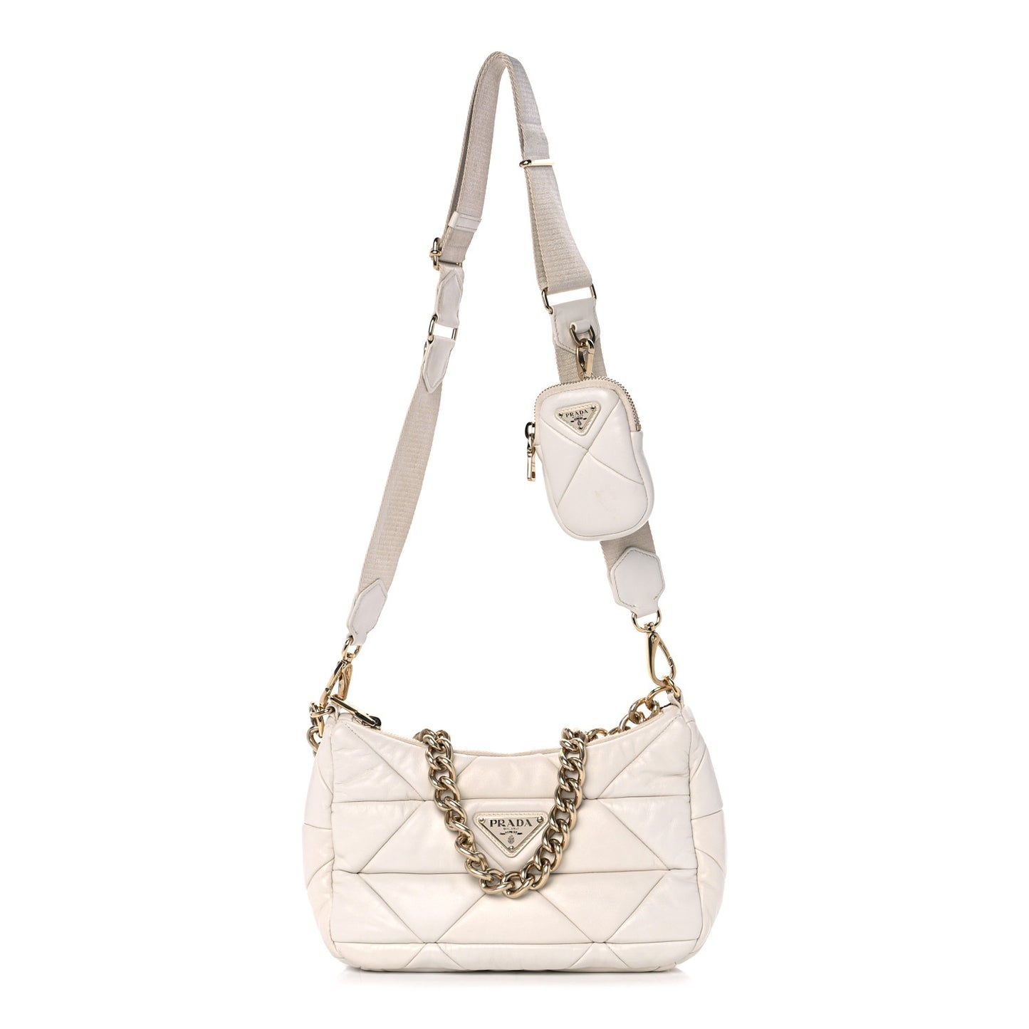 Nappa Re-Nylon Triangle Quilted Patchwork System Shoulder Bag White