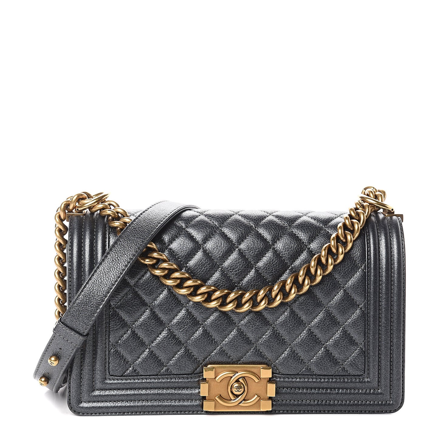 Metallic Calfskin Quilted Medium Boy Flap Grey