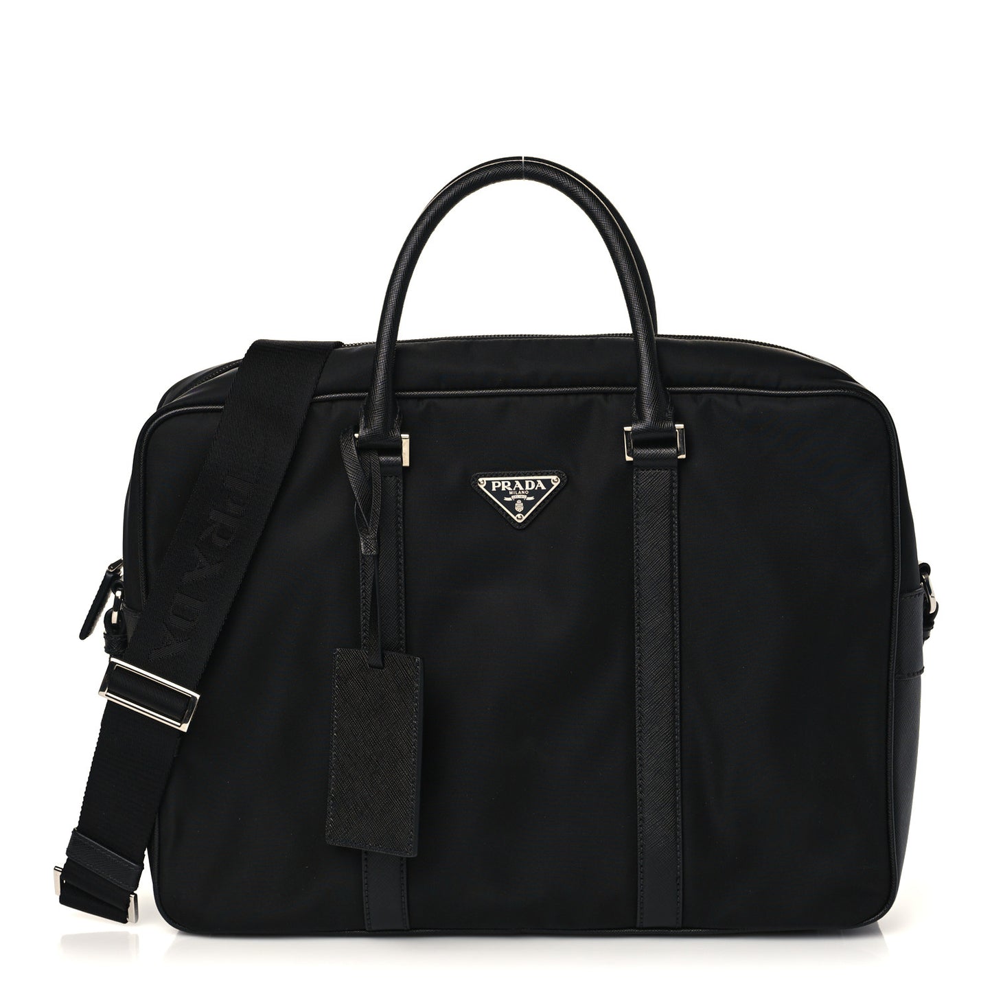 Tessuto Nylon Saffiano Metal Triangle Logo Work Bag Black