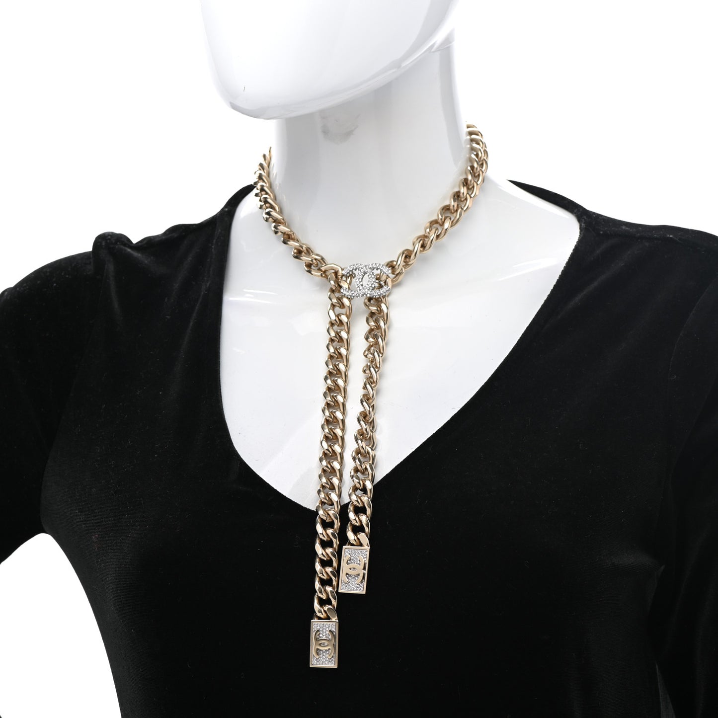 Chain Link Crystal CC Dog Tag Charm Necklace Gold