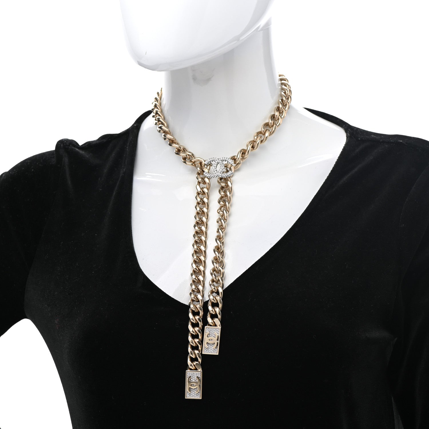 Chanel Chain Link Crystal CC Dog Tag Charm Necklace Gold 2 of 7