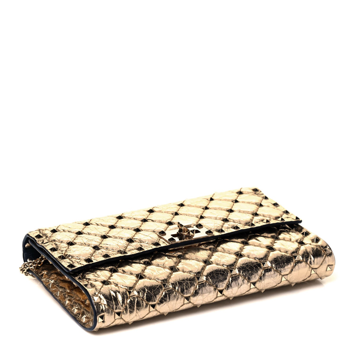 Valentino Garavani Metallic Wrinkled Lambskin Rockstud Spike Wallet on Chain Mekong 3 of 8