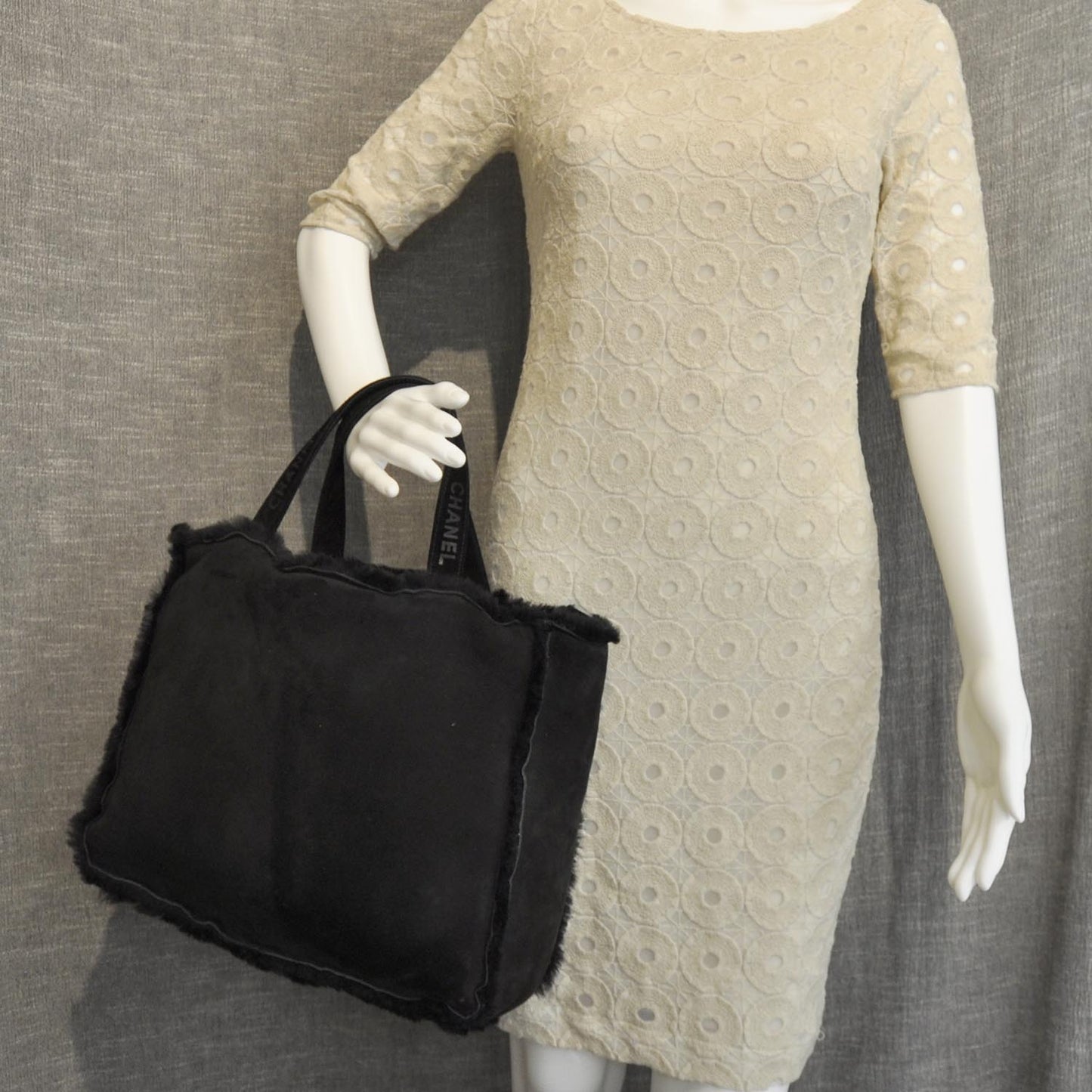 Suede Shearling Fur Handbag Black