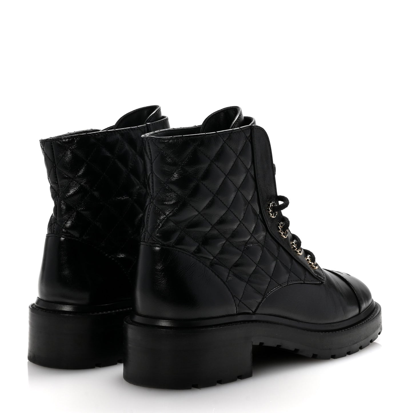 Shiny Calfskin Quilted Lace Up Combat Boots 40 Black