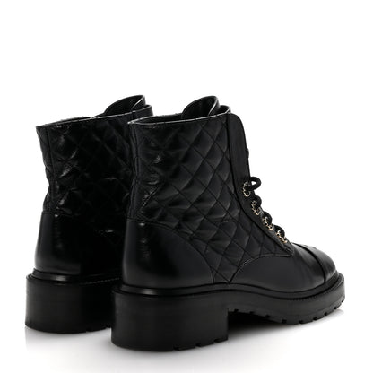 Chanel Shiny Calfskin Quilted Lace Up Combat Boots 40 Black 5 of 11
