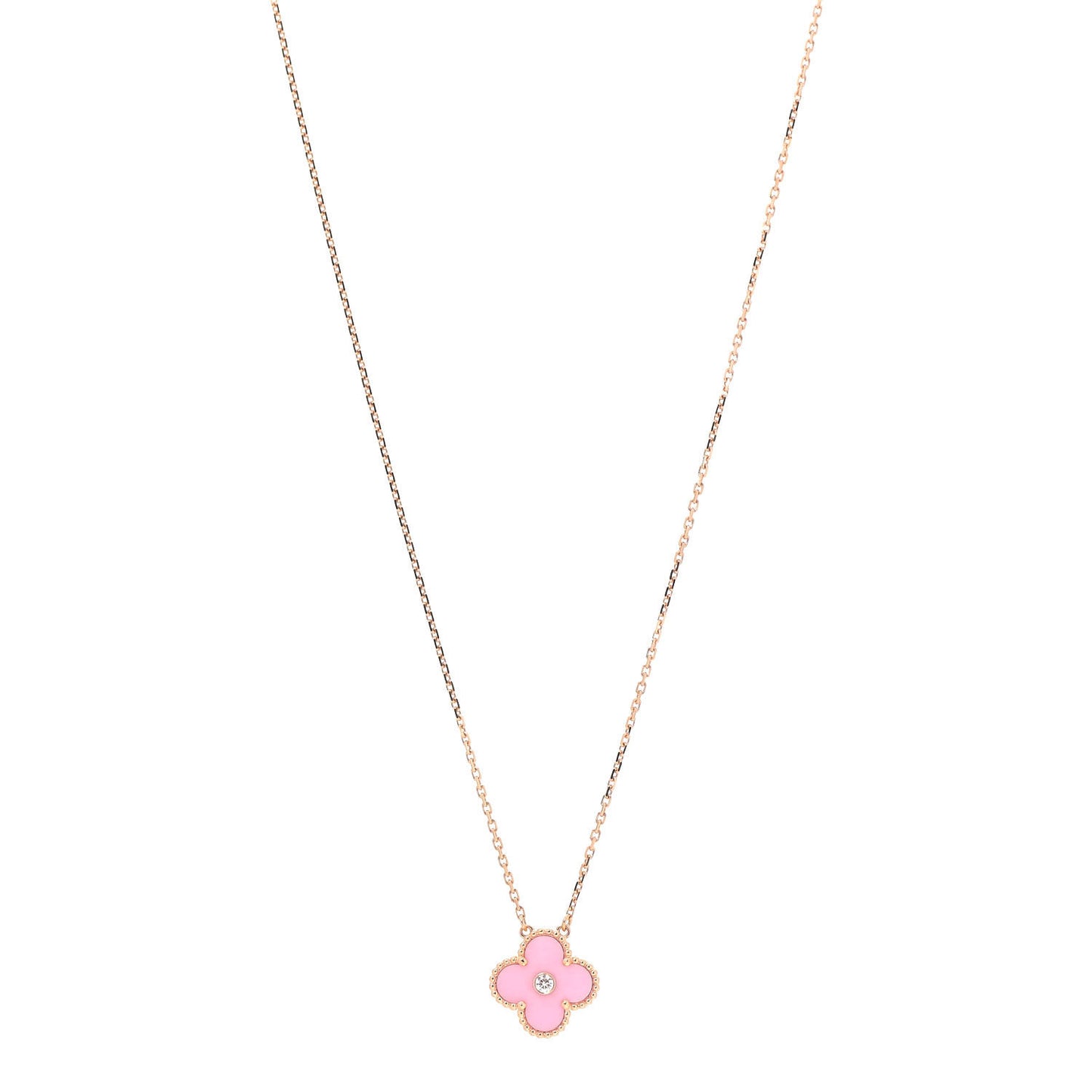 18K Rose Gold Diamond Pink Porcelain Vintage Alhambra Pendant Necklace