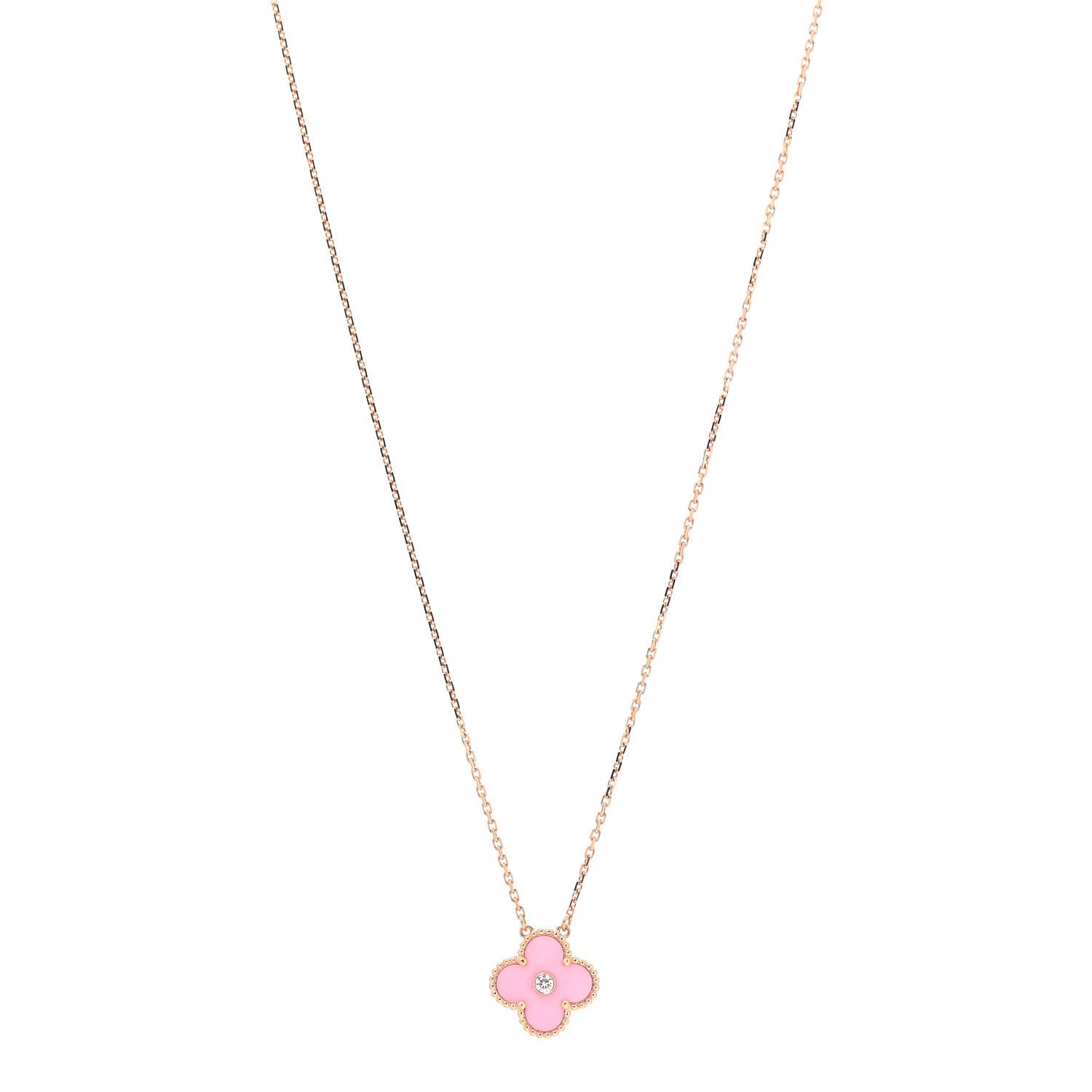 Van Cleef & Arpels 18K Rose Gold Diamond Pink Porcelain Vintage Alhambra Pendant Necklace 1 of 4