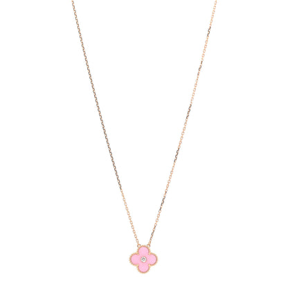 Van Cleef & Arpels 18K Rose Gold Diamond Pink Porcelain Vintage Alhambra Pendant Necklace 1 of 4
