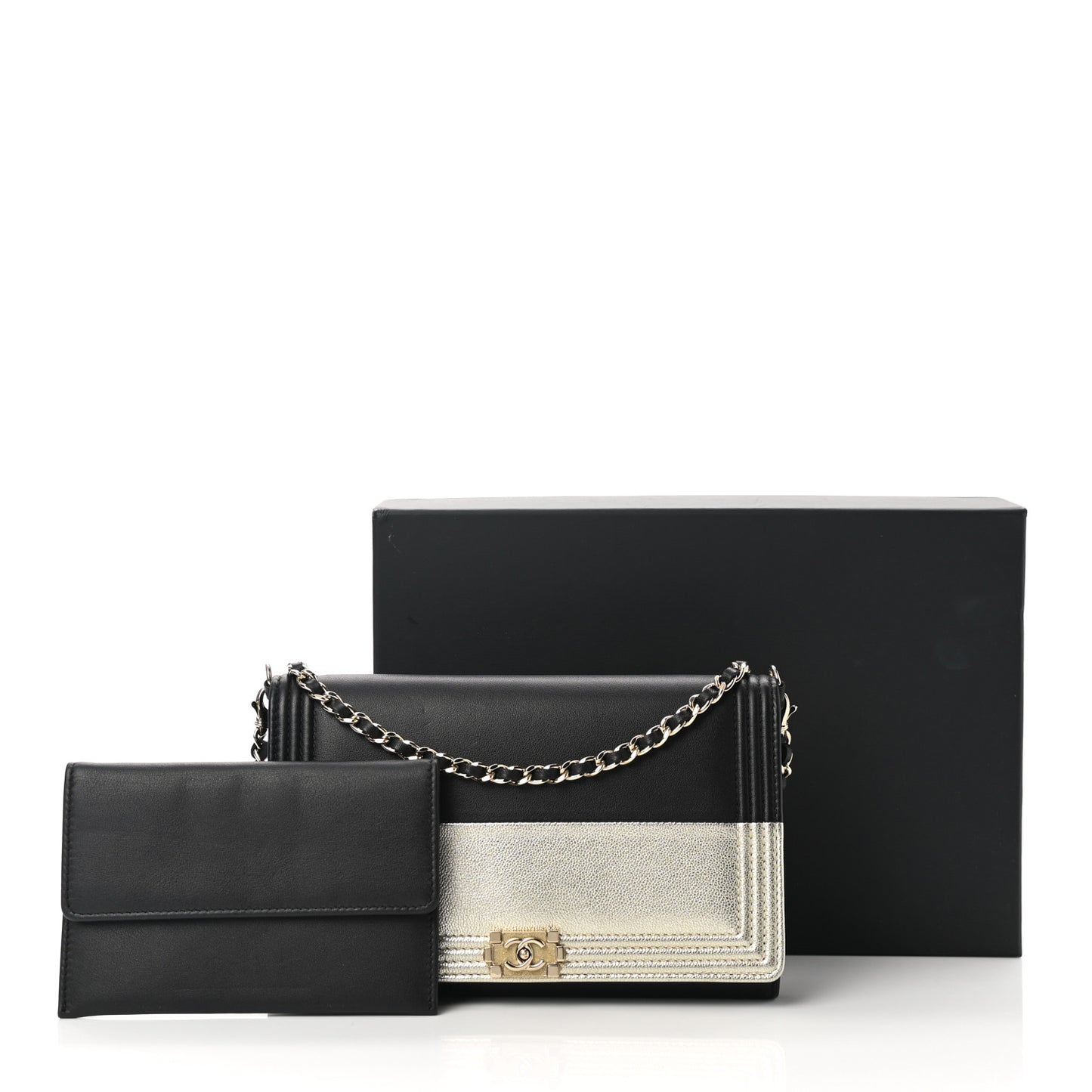 Metallic Goatskin Lambskin Boy Wallet on Chain WOC Black Gold