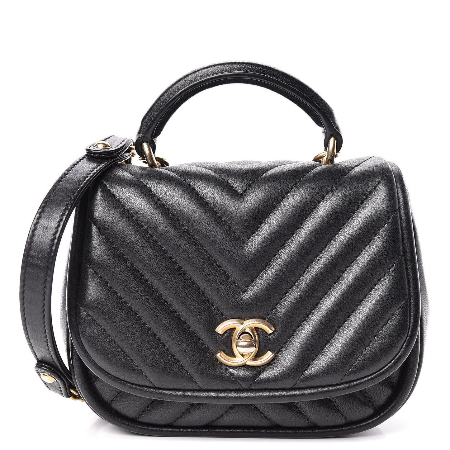 Lambskin Reverse Chevron Quilted Mini Round Top Handle Flap Black