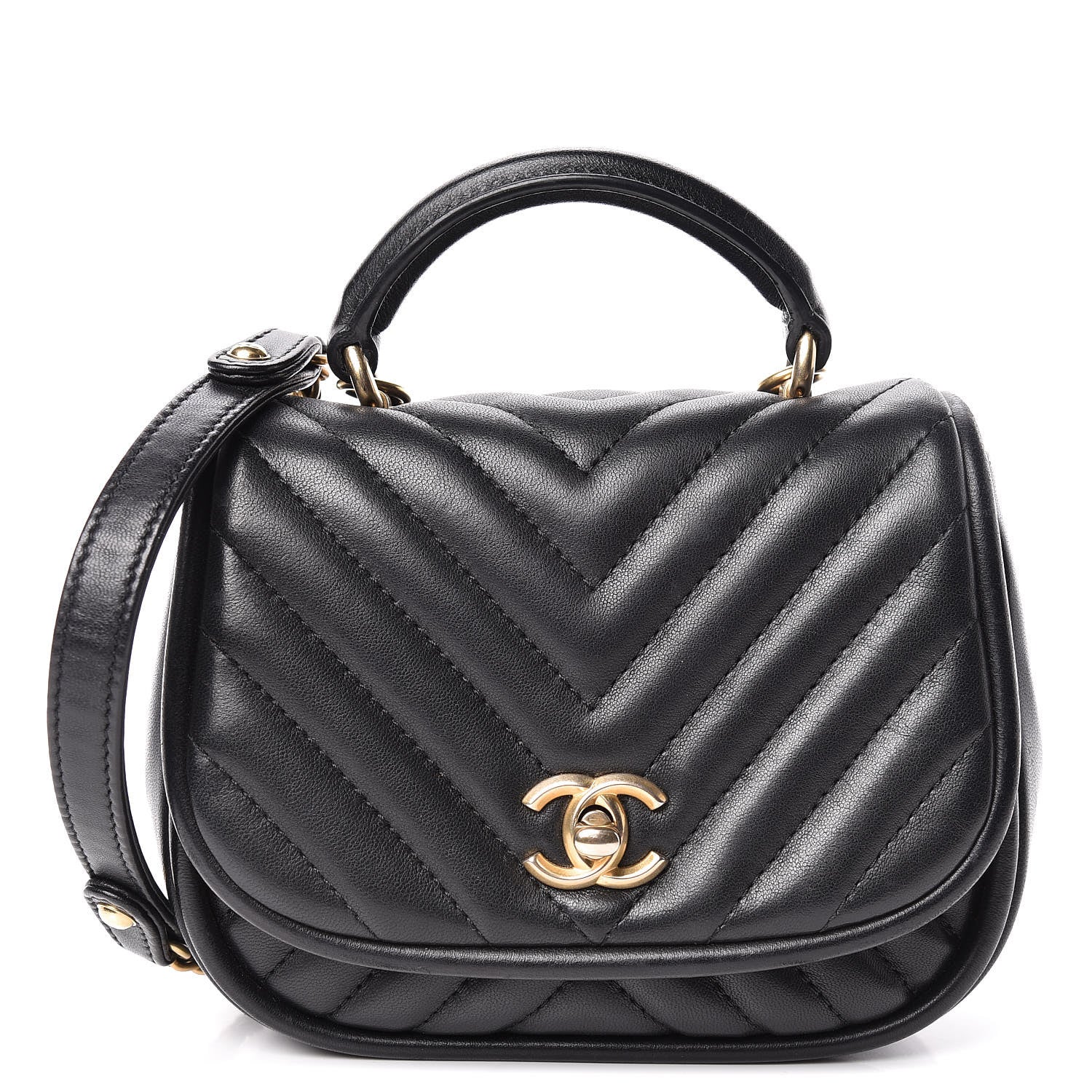 Chanel Lambskin Reverse Chevron Quilted Mini Round Top Handle Flap Black 1 of 12