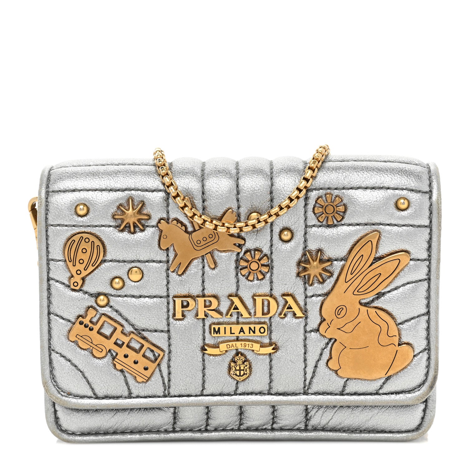 Prada Metallic Nappa Impunture Embellished Diagramme Mini Bag Cromo 1 of 14