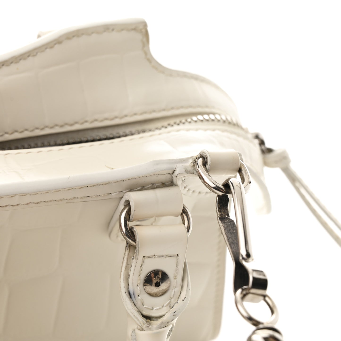 Semi Shiny Calfskin Crocodile Embossed Neo Classic Silver Hardware Nano City Crossbody White