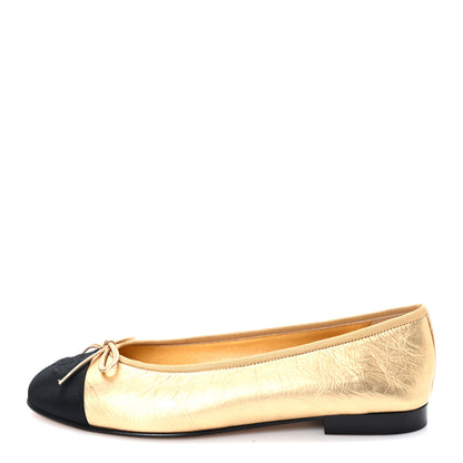 Chanel Laminated Lambskin Grosgrain Cap Toe CC Ballerina Flats 39.5 Dark Gold Black 1 of 10