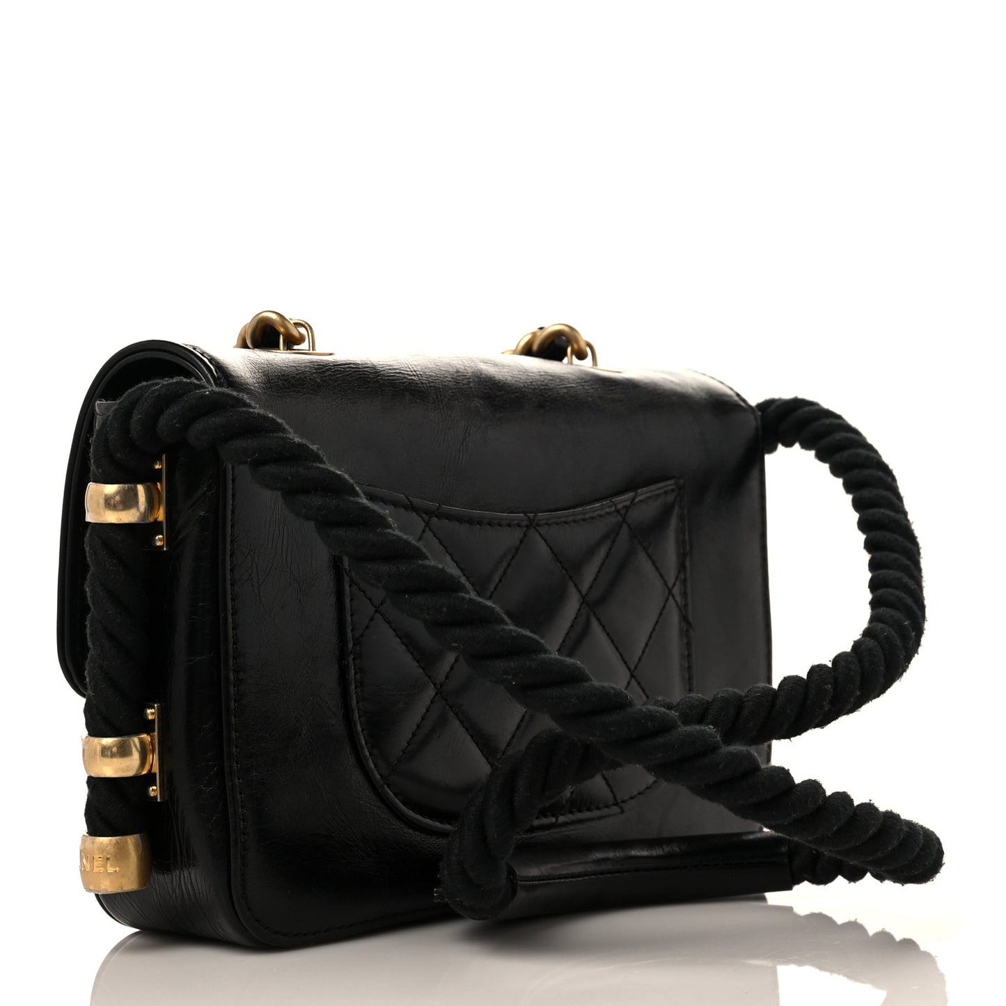 Crumpled Calfskin En Vogue Rope Flap Black