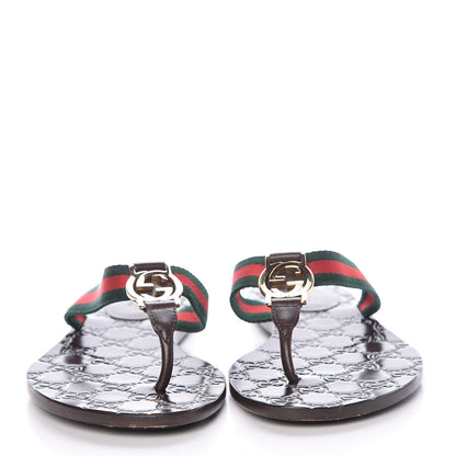 Gucci Nylon Calfskin Web GG Monogram Womens Thong Sandals 37 Green Red Cocoa 2 of 10