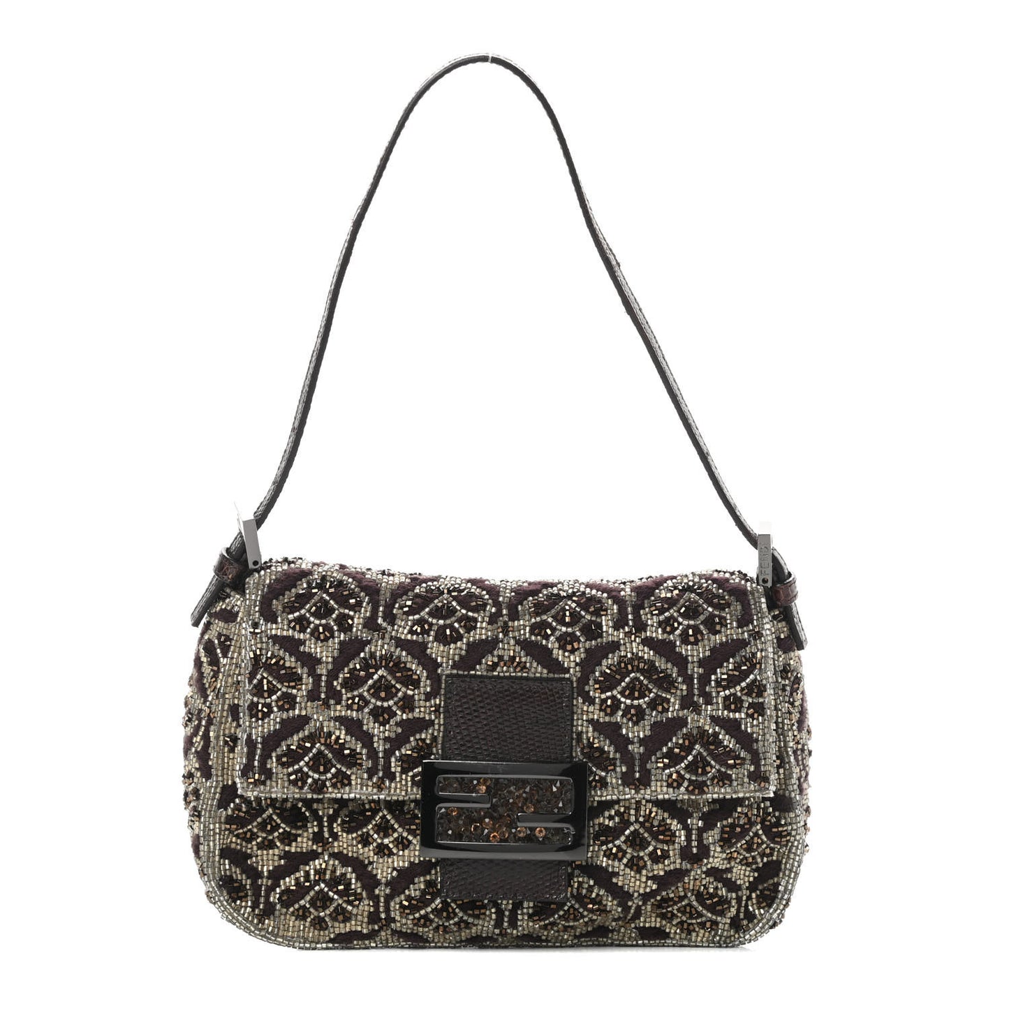 Lizard Beaded Mini Mama Baguette Brown