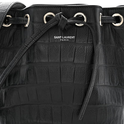 Saint Laurent Calfskin Crocodile Embossed Small Emmanuelle Bucket Bag Black 8 of 13