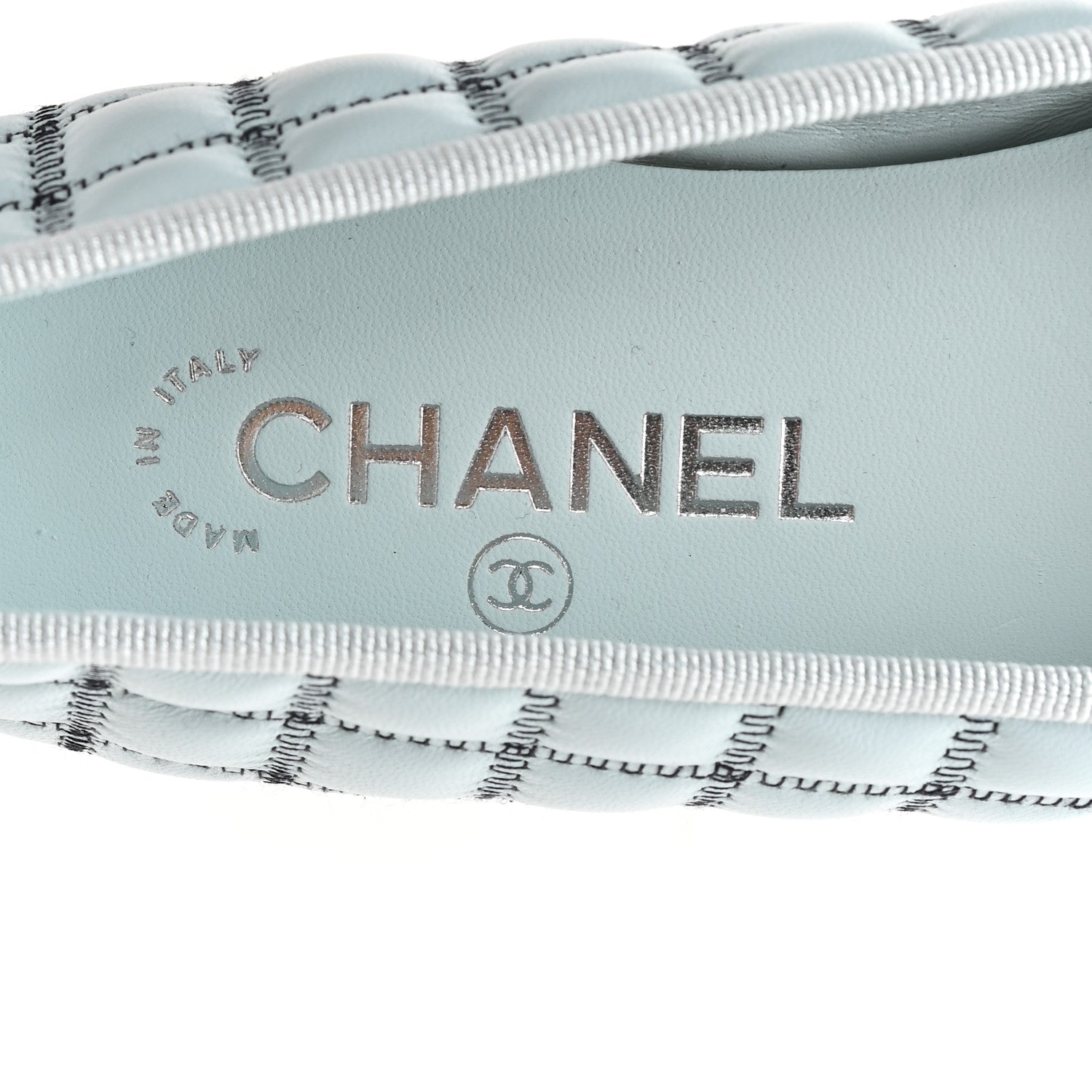 Chanel Lambskin Embroidered Grosgrain Quilted Cap Toe Ballerina Flats 38.5 Light Blue Black 9 of 10