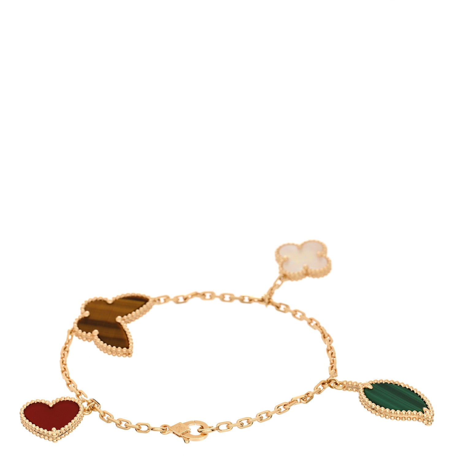 Van Cleef & Arpels 18K Yellow Gold Mother of Pearl Malachite Carnelian Tiger Eye 4 Motifs Lucky Alhambra Bracelet 2 of 4