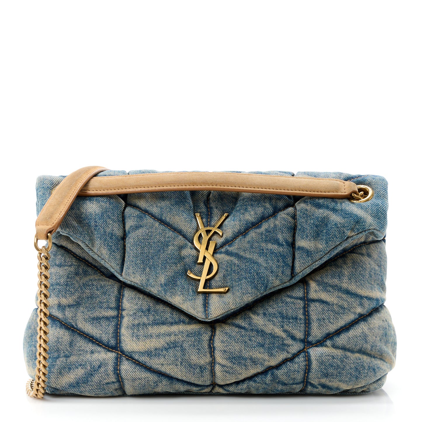 Denim Quilted Small Loulou Puffer Monogram Chain Satchel Blue Cinnamon