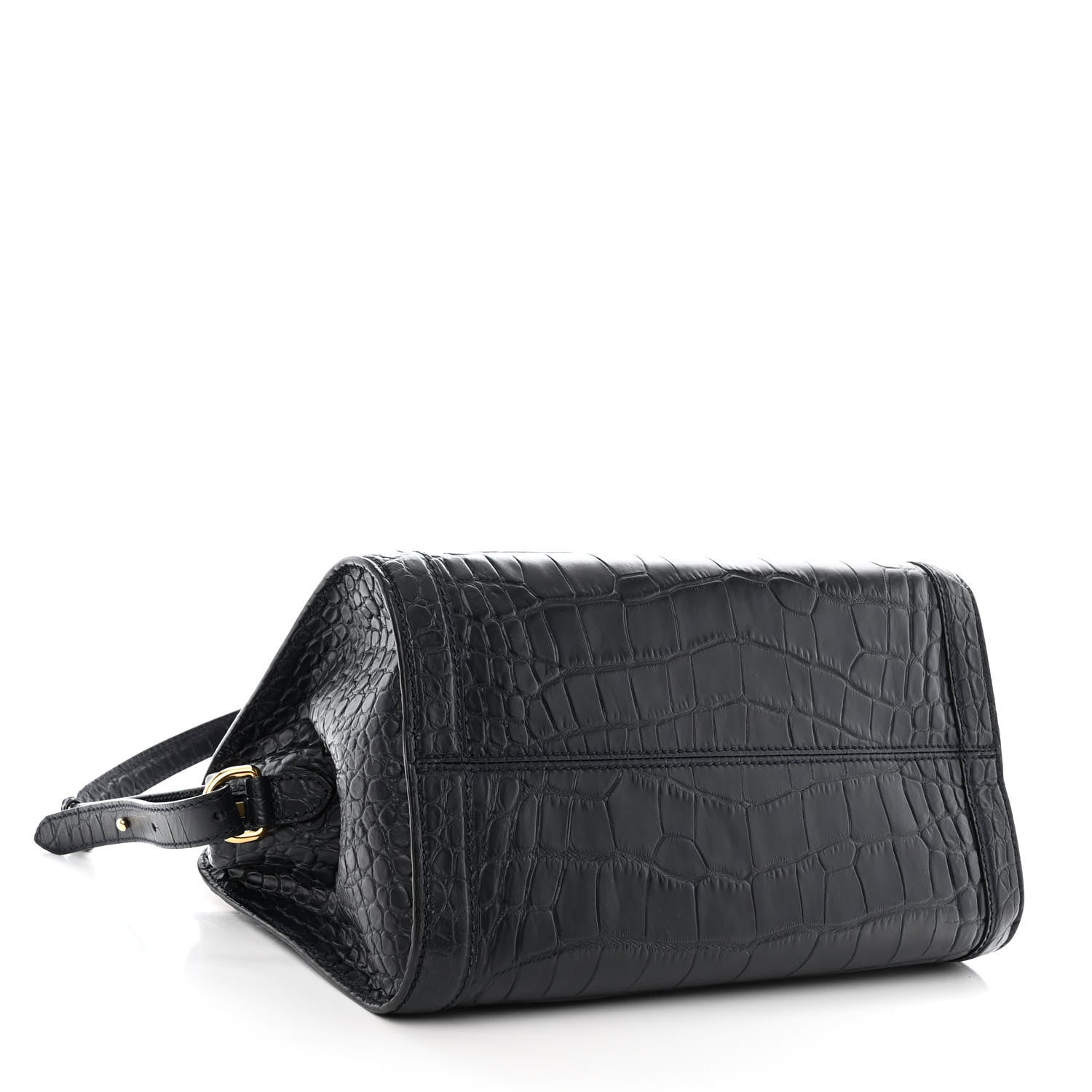 Alexander McQueen Calfskin Crocodile Embossed Small Skull Padlock Zip Around Tote Navy Blue 4 of 10