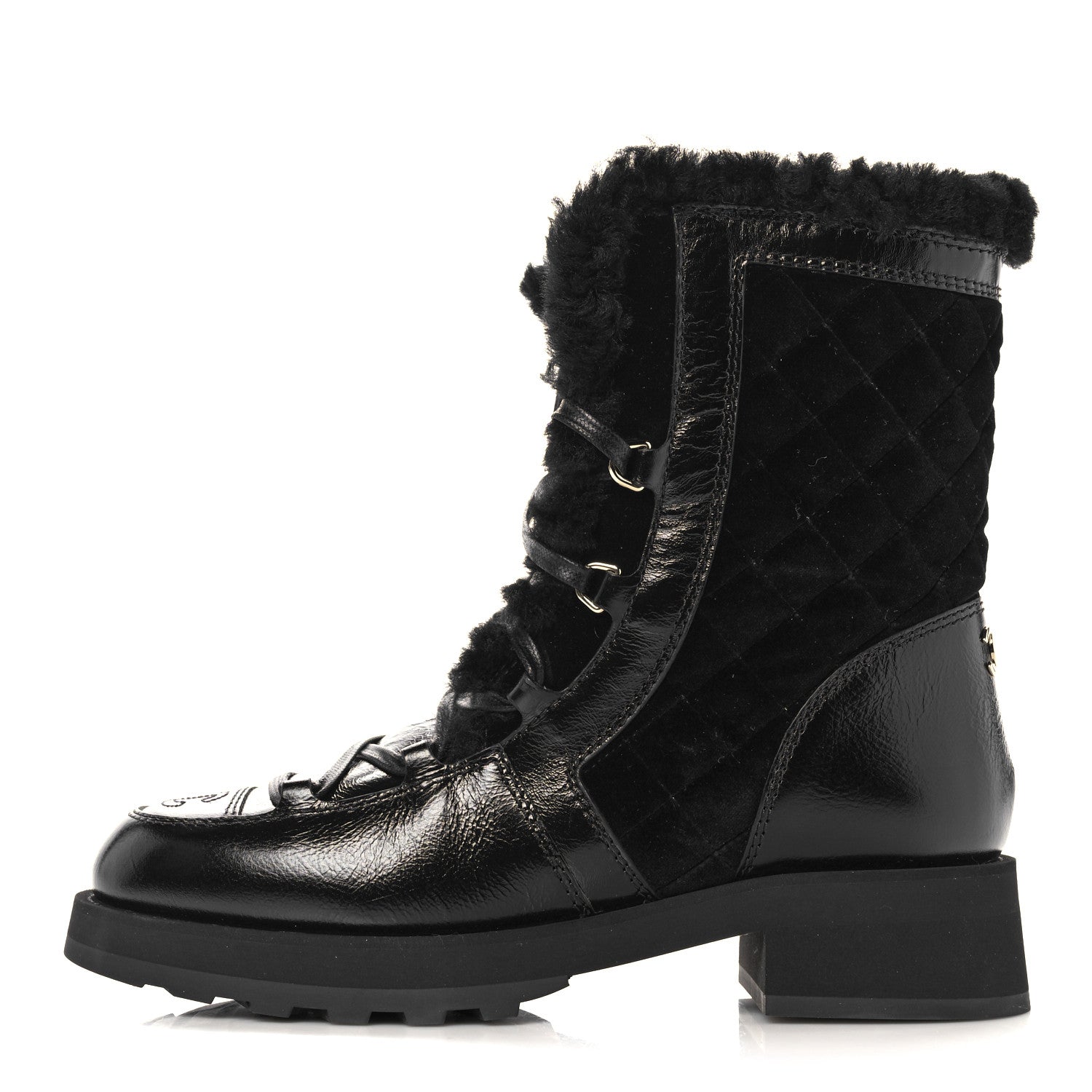 Chanel Shiny Crumpled Calfskin Shearling Lace Up Boots 39.5 Black 1 of 8