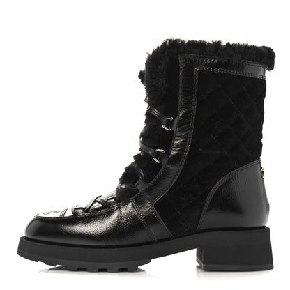 Chanel Shiny Crumpled Calfskin Shearling Lace Up Boots 39.5 Black 1 of 8