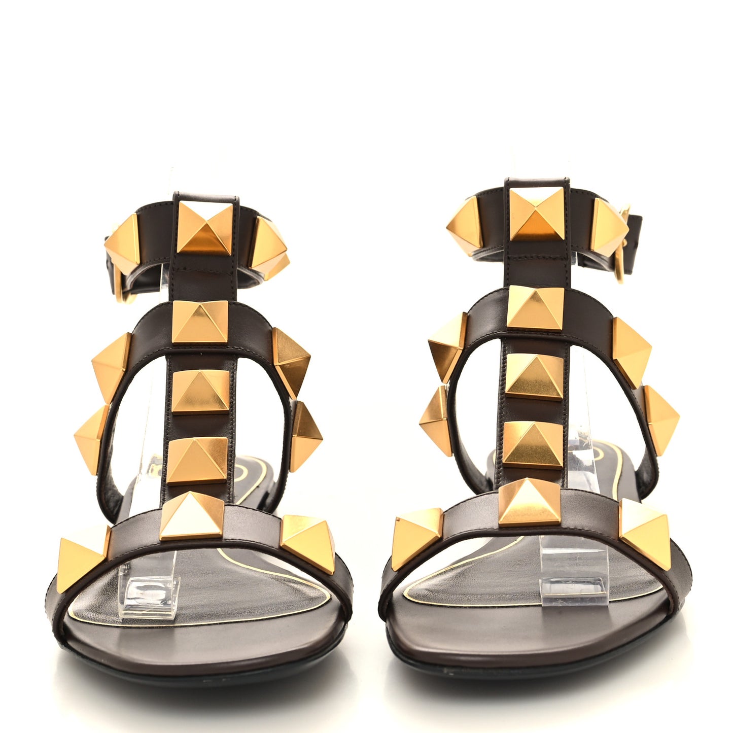 Calfskin Roman Stud Ankle Strap Flat Sandals 36.5 Dark Brown
