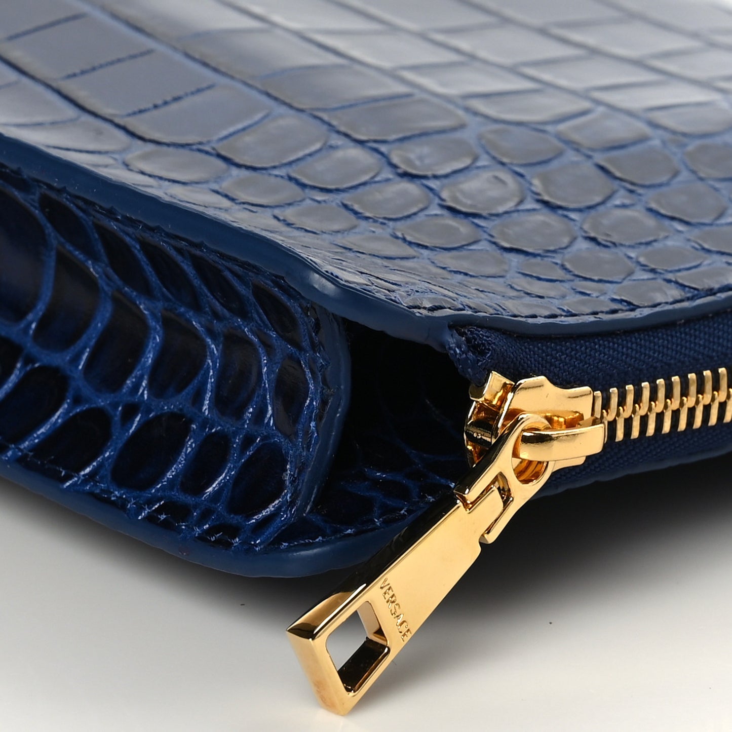Crocodile Embossed Calfskin Medusa Small Zip Clutch Blue