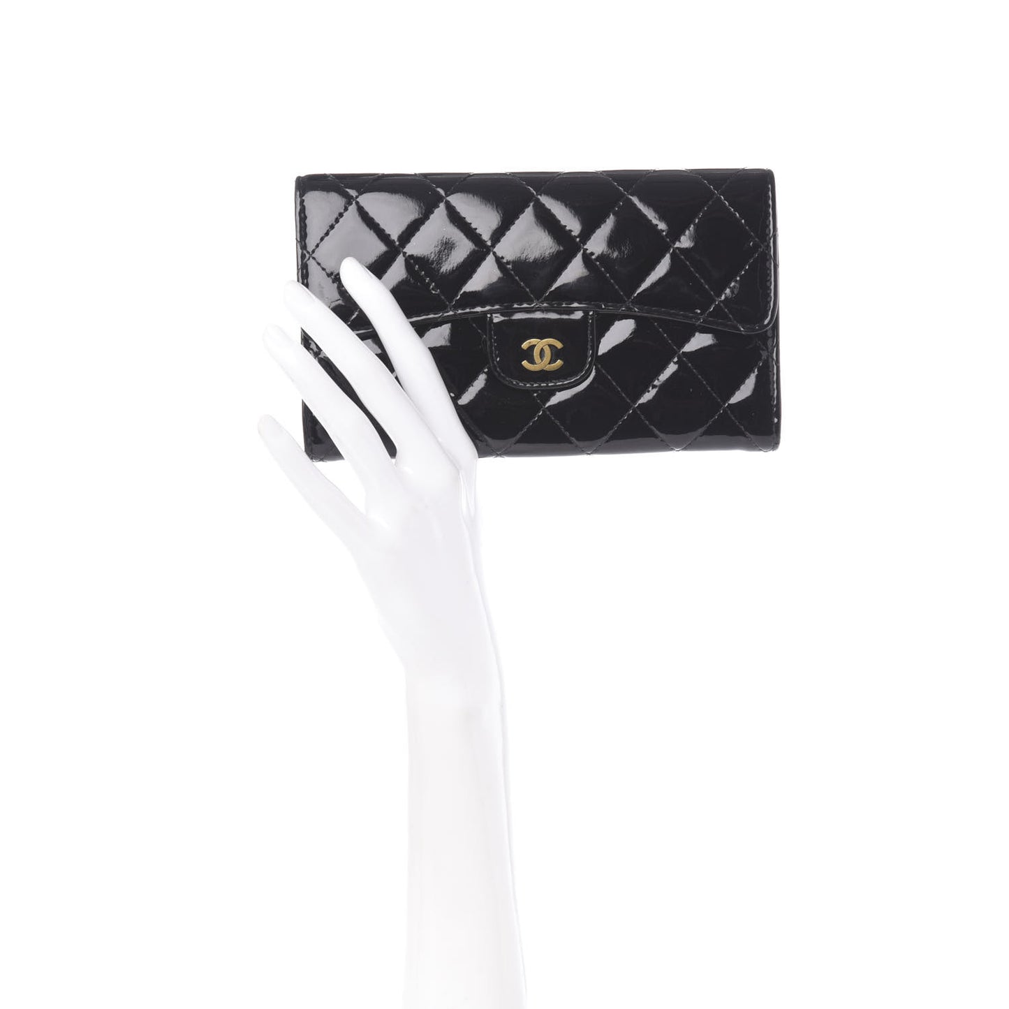 Patent Quilted Large Flap Wallet Black