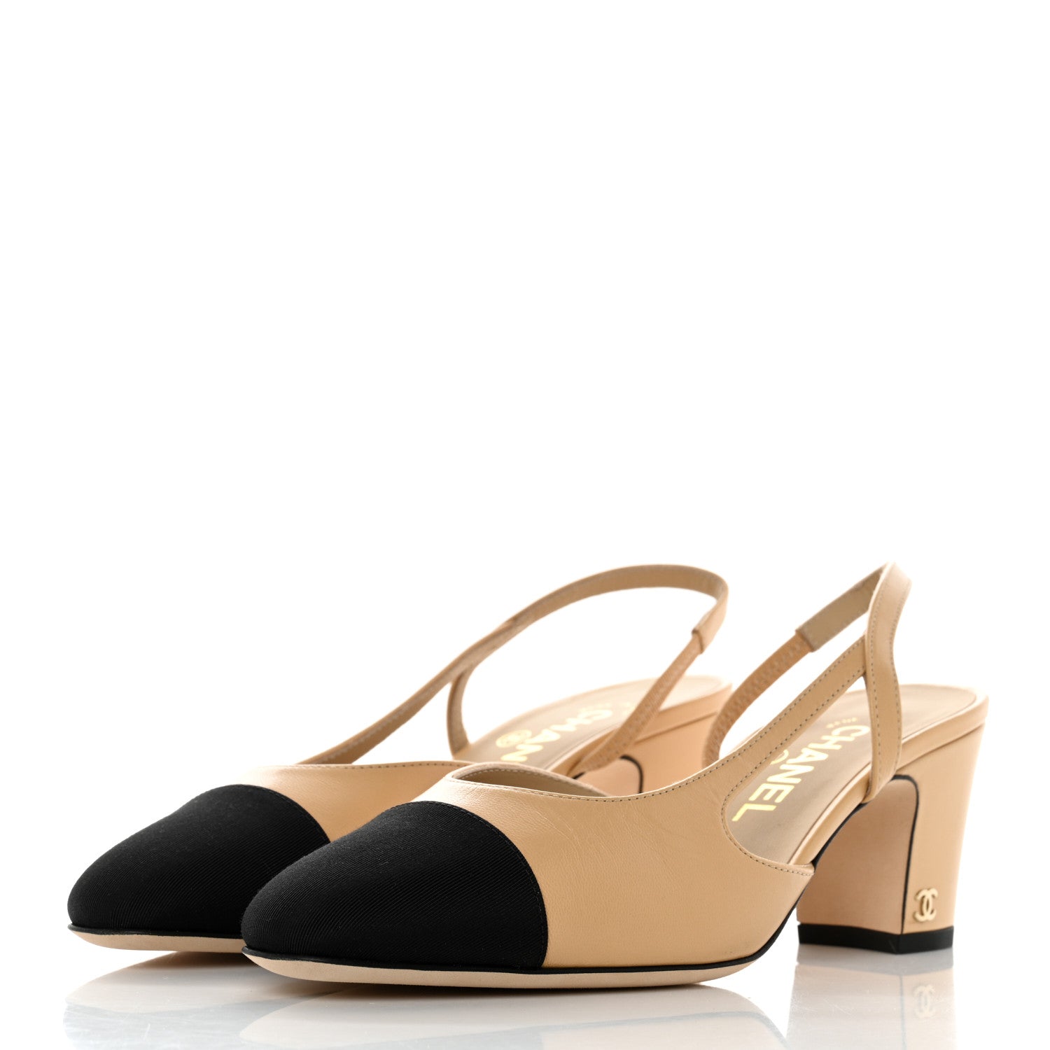 Chanel Goatskin Grosgrain Cap Toe CC Slingback Pumps 36.5 Beige Black 3 of 9