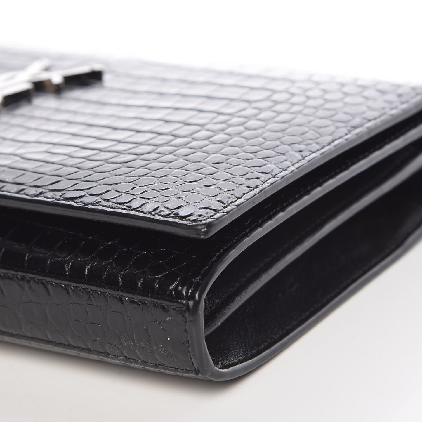 Calfskin Crocodile Embossed Monogram Chain Wallet Black