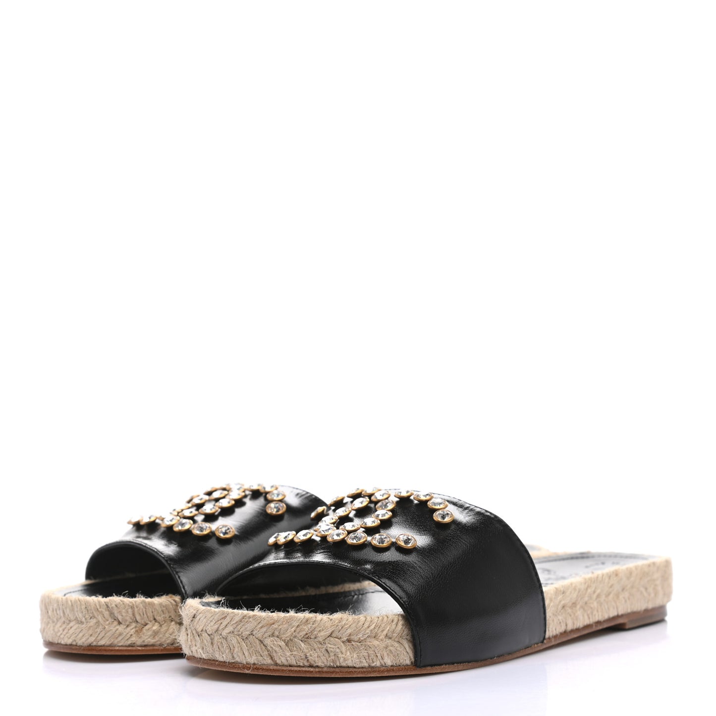 Patent Calfskin Crystal CC Espadrille Slip On Sandals 37 Black