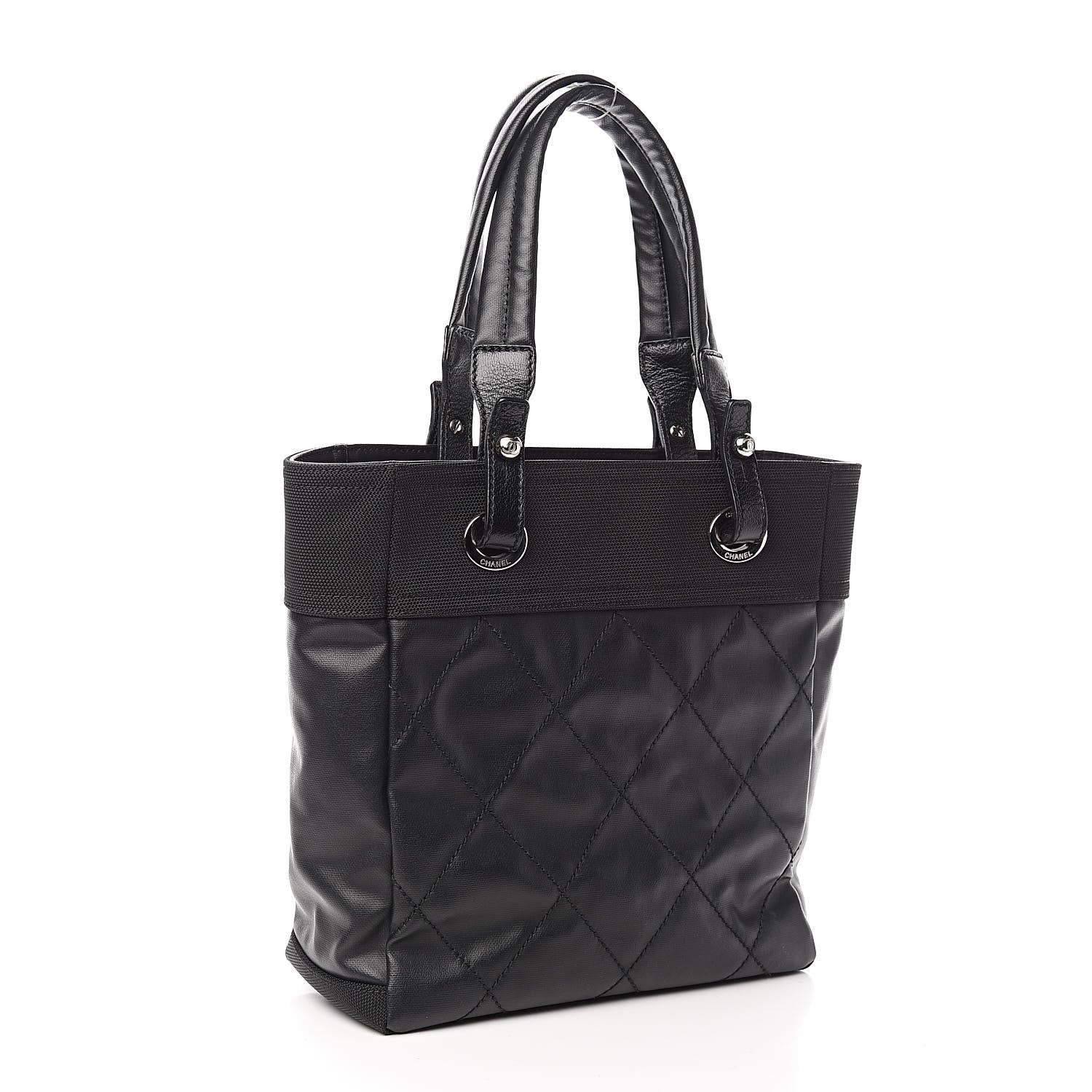 Chanel Coated Canvas Quilted Small Paris Biarritz Tote Black 3 of 10