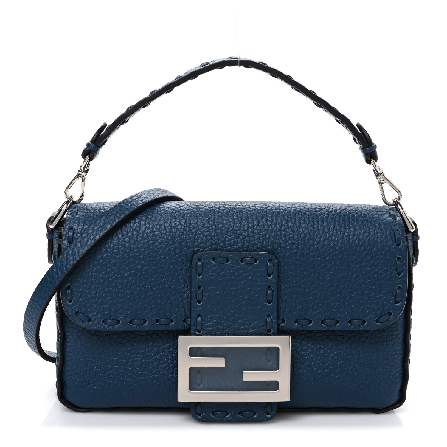 Fendi Cuoio Roma Sellerissima Nappa Sintetica Tape Stitch Mini Baguette Placca Argento 1 of 10