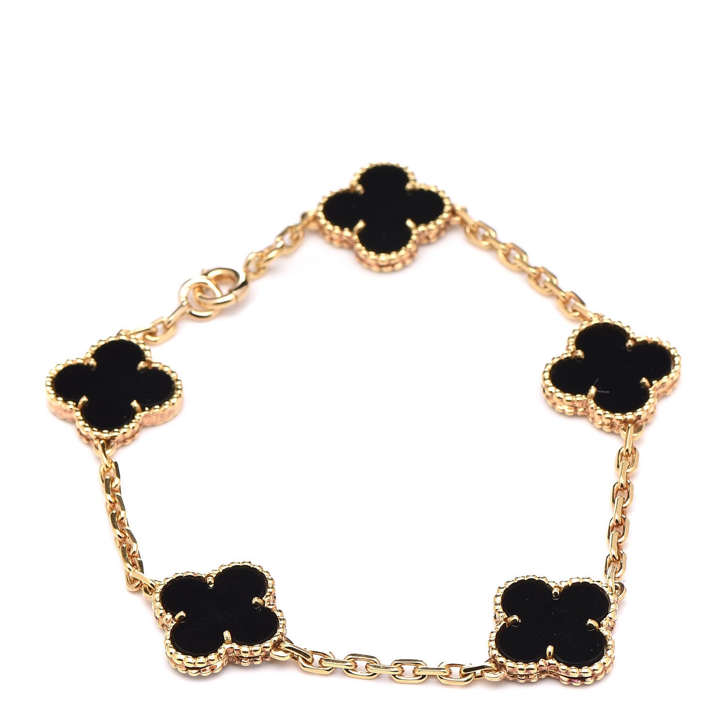 18K Yellow Gold Black Onyx 5 Motifs Vintage Alhambra Bracelet